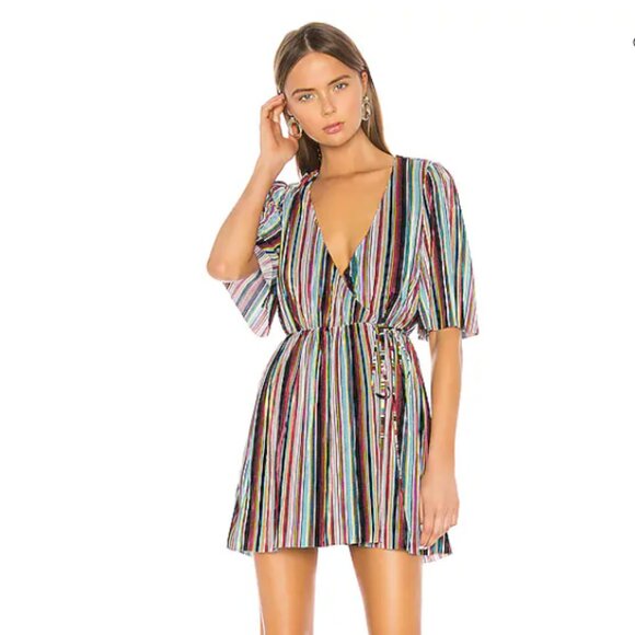 Camila Coelho Robe Courte Violetta Colorful Stripe Pleated Wrap Mini Dress - Picture 1 of 6